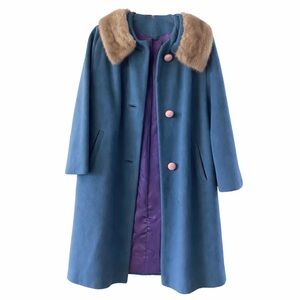Vintage 1960s Union Made ILGWU Blue Wool Coat Fur Collar Retro